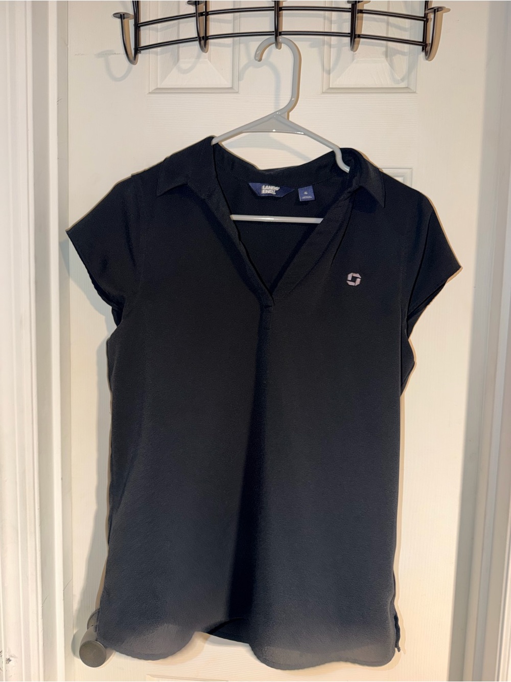 Lands' End Black Short-Sleeve V-Neck Polo Blouse